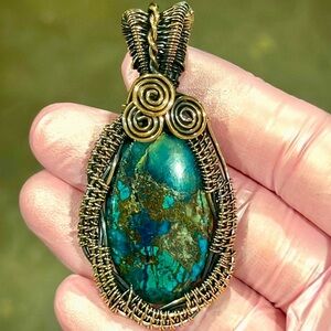 Chrysocolla Wire-Wrapped Pendant Necklace – Handmade Artisan Jewelry